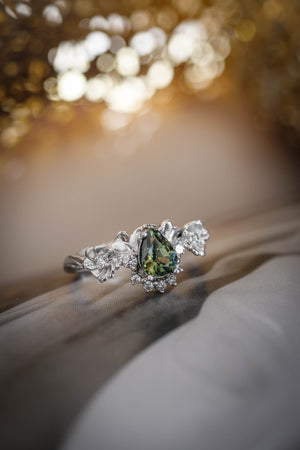 Green sapphire and diamonds ring, flower engagement ring / Adelina - Eden Garden Jewelry™