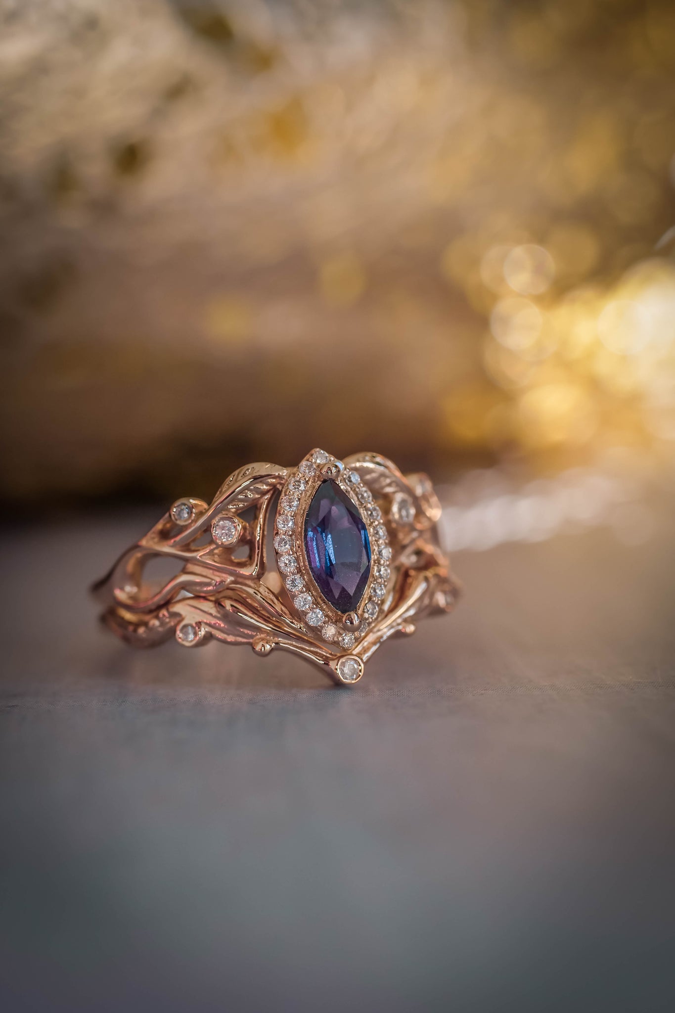 Marquise alexandrite ring with diamond halo / Callisto - Eden Garden Jewelry™