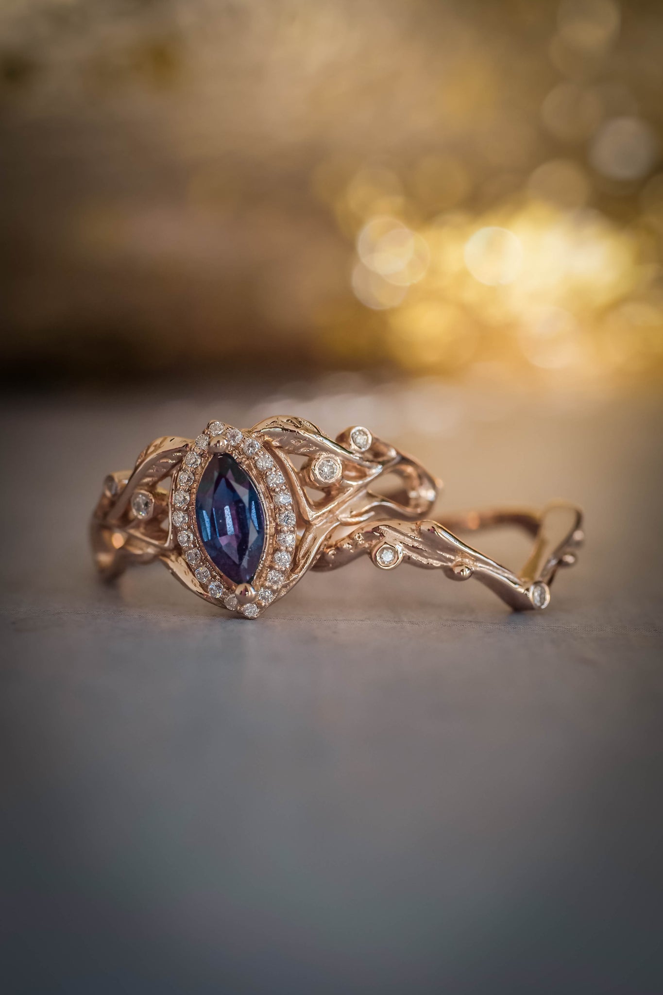 Art nouveau engagement ring with alexandrite and diamond halo / Callisto - Eden Garden Jewelry™