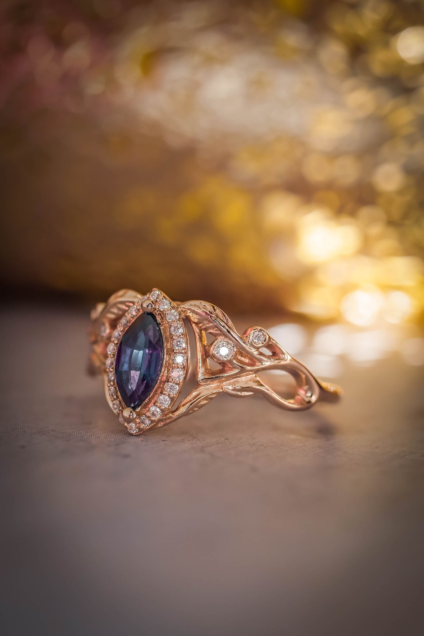 Marquise alexandrite ring with diamond halo / Callisto - Eden Garden Jewelry™