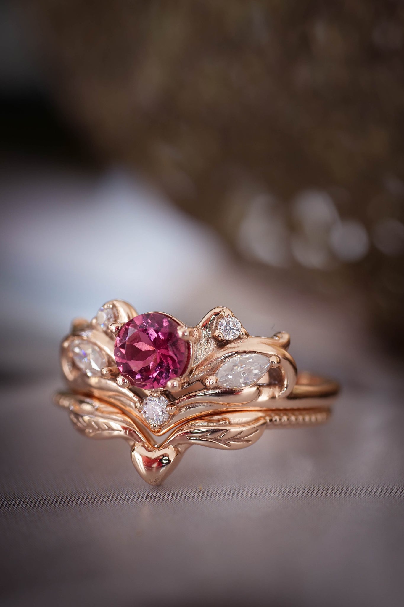 Bridal ring set with pink tourmaline / Swanlake - Eden Garden Jewelry™