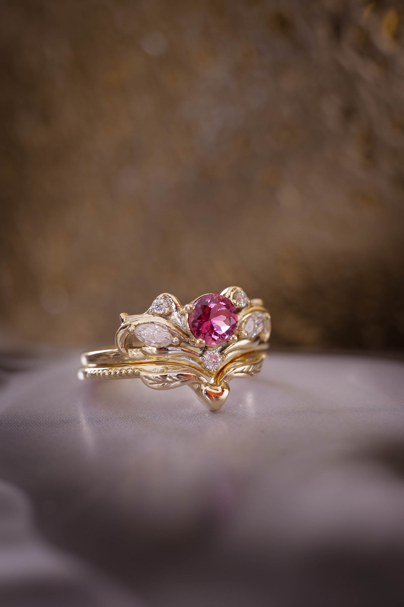 Bridal ring set with pink tourmaline / Swanlake - Eden Garden Jewelry™