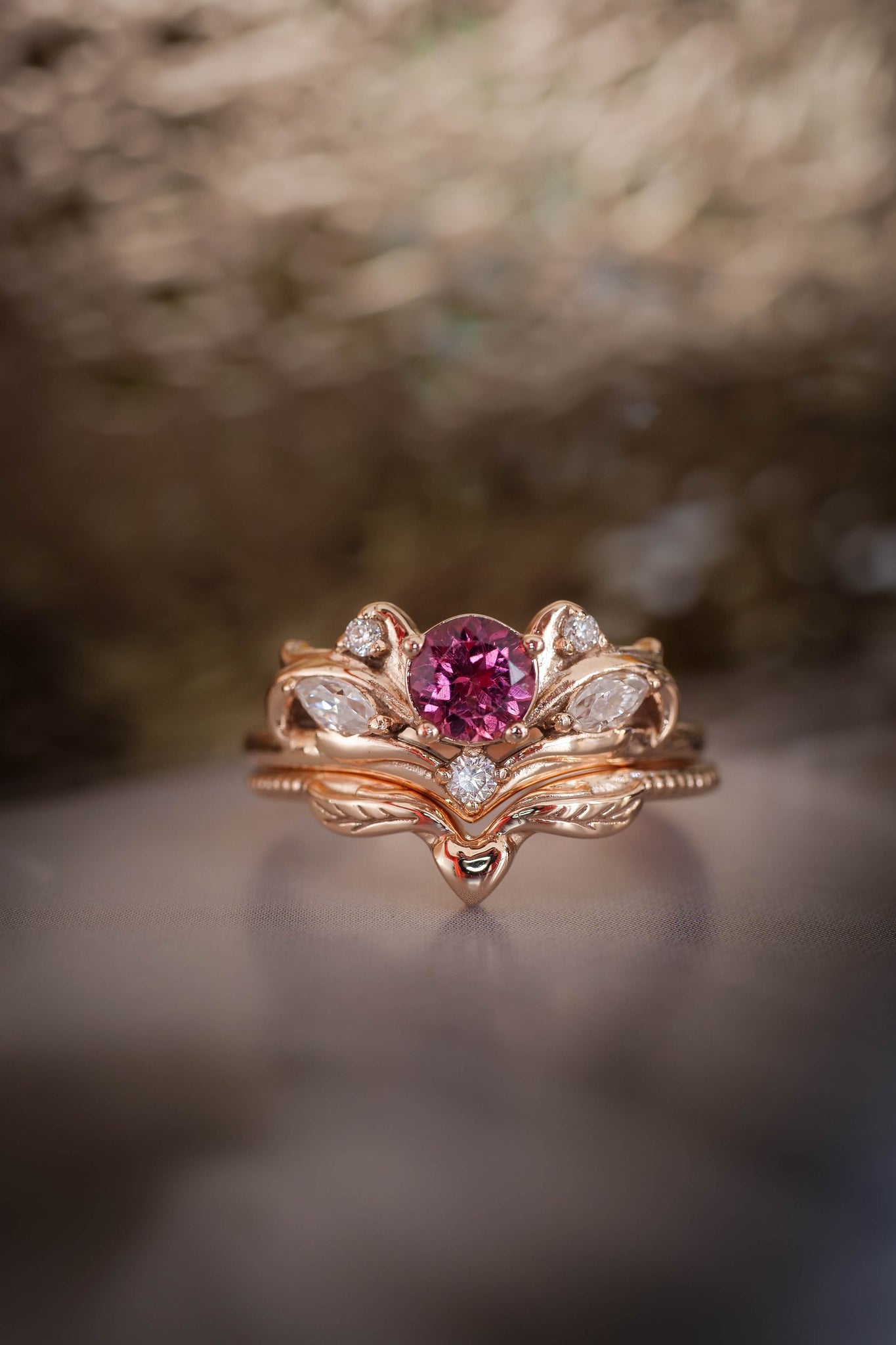 Bridal ring set with pink tourmaline / Swanlake - Eden Garden Jewelry™