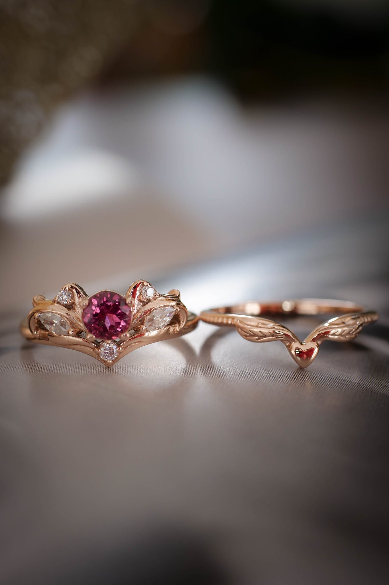 Bridal ring set with pink tourmaline / Swanlake - Eden Garden Jewelry™