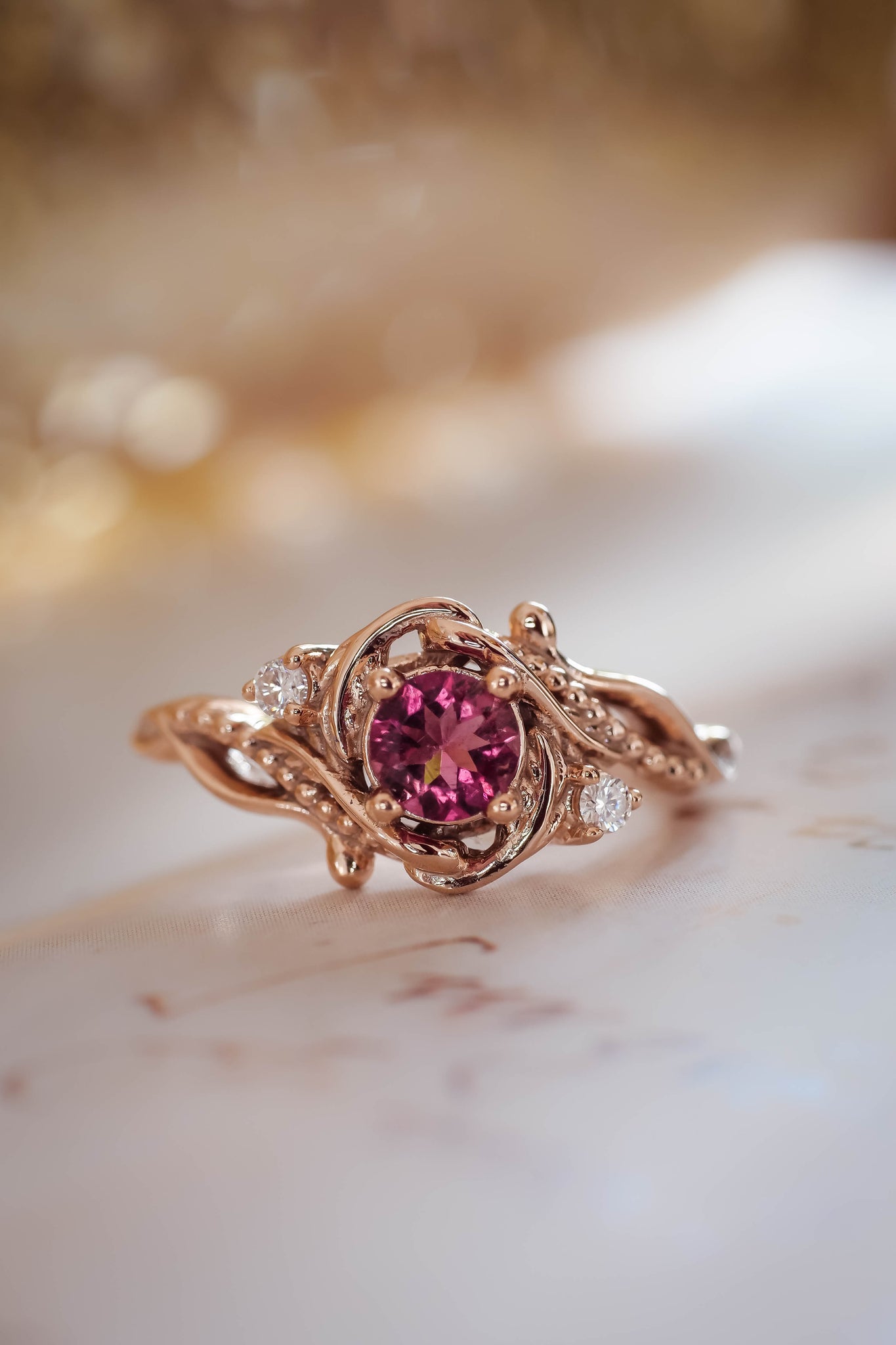 READY TO SHIP: Undina in 14K rose gold, pink tourmaline 5 mm, moissanites, RING SIZE 7 US - Eden Garden Jewelry™