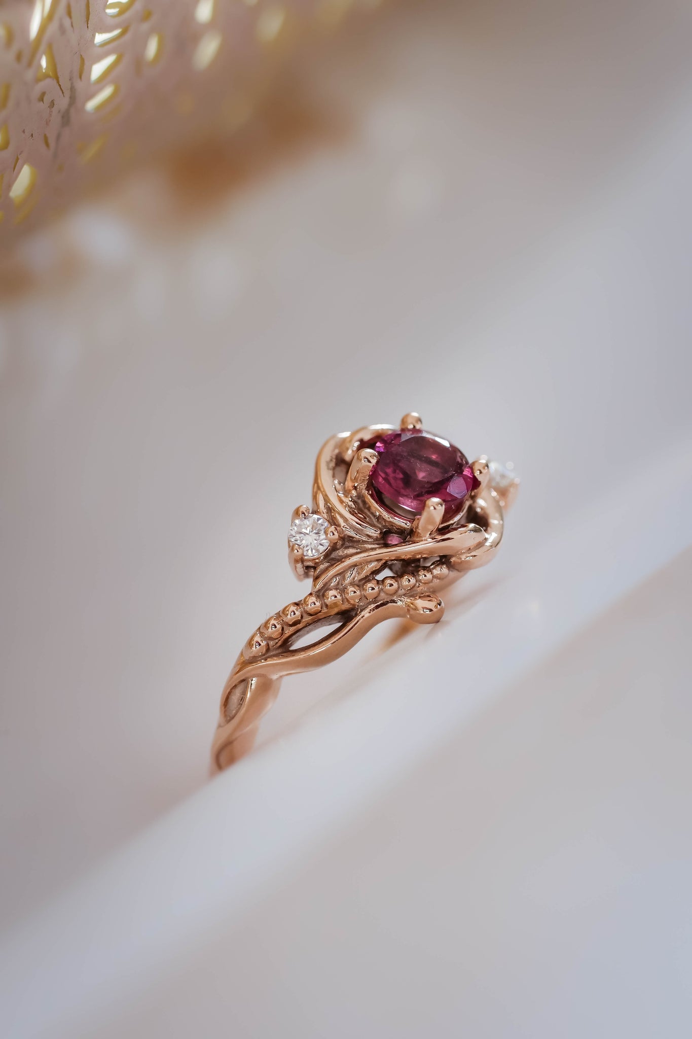 READY TO SHIP: Undina in 14K rose gold, pink tourmaline 5 mm, moissanites, RING SIZE 7 US - Eden Garden Jewelry™