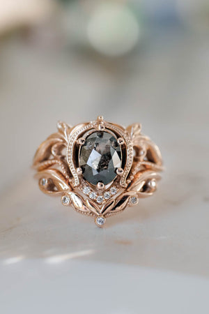 Art nouveau bridal ring set with salt & pepper diamond / Lida oval - Eden Garden Jewelry™