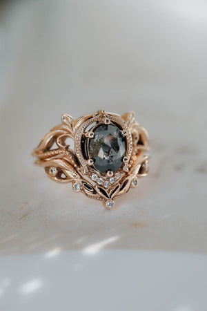 Art nouveau bridal ring set with salt & pepper diamond / Lida oval - Eden Garden Jewelry™