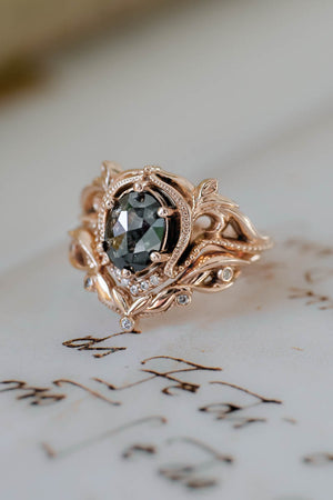 Art nouveau bridal ring set with salt & pepper diamond / Lida oval - Eden Garden Jewelry™