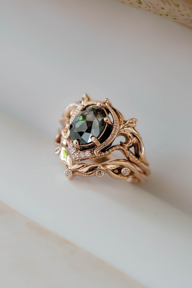 Art nouveau bridal ring set with salt & pepper diamond / Lida oval - Eden Garden Jewelry™