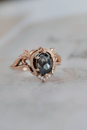 Art nouveau bridal ring set with salt & pepper diamond / Lida oval - Eden Garden Jewelry™