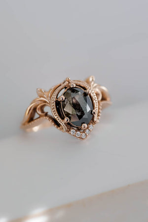 Art nouveau bridal ring set with salt & pepper diamond / Lida oval - Eden Garden Jewelry™