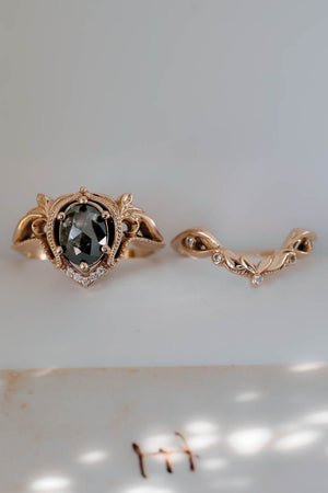 Art nouveau bridal ring set with salt & pepper diamond / Lida oval - Eden Garden Jewelry™