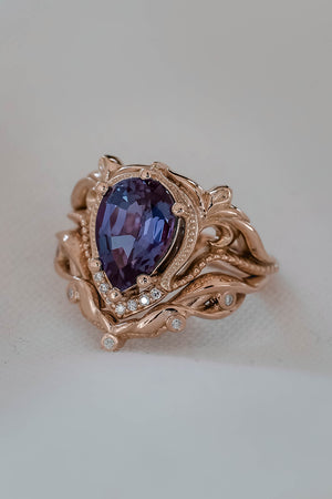 Bridal ring set with big pear cut lab alexandrite / Lida - Eden Garden Jewelry™