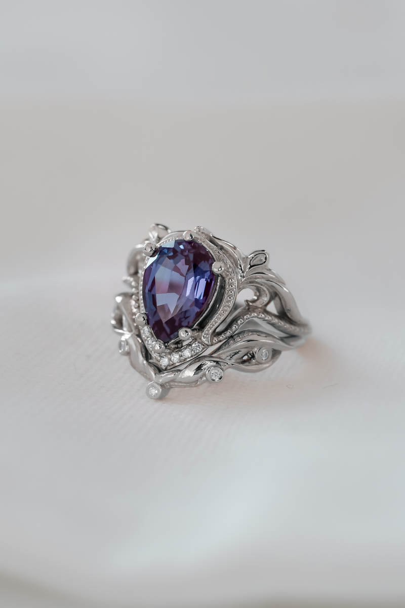 Bridal ring set with big pear cut lab alexandrite / Lida - Eden Garden Jewelry™