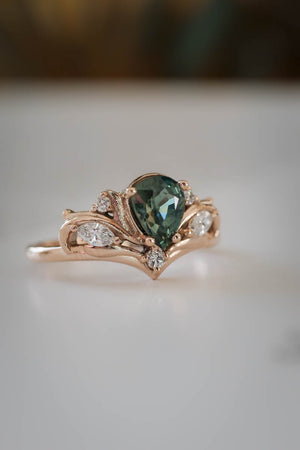 Bridal ring set with pear cut green sapphire / Swanlake - Eden Garden Jewelry™