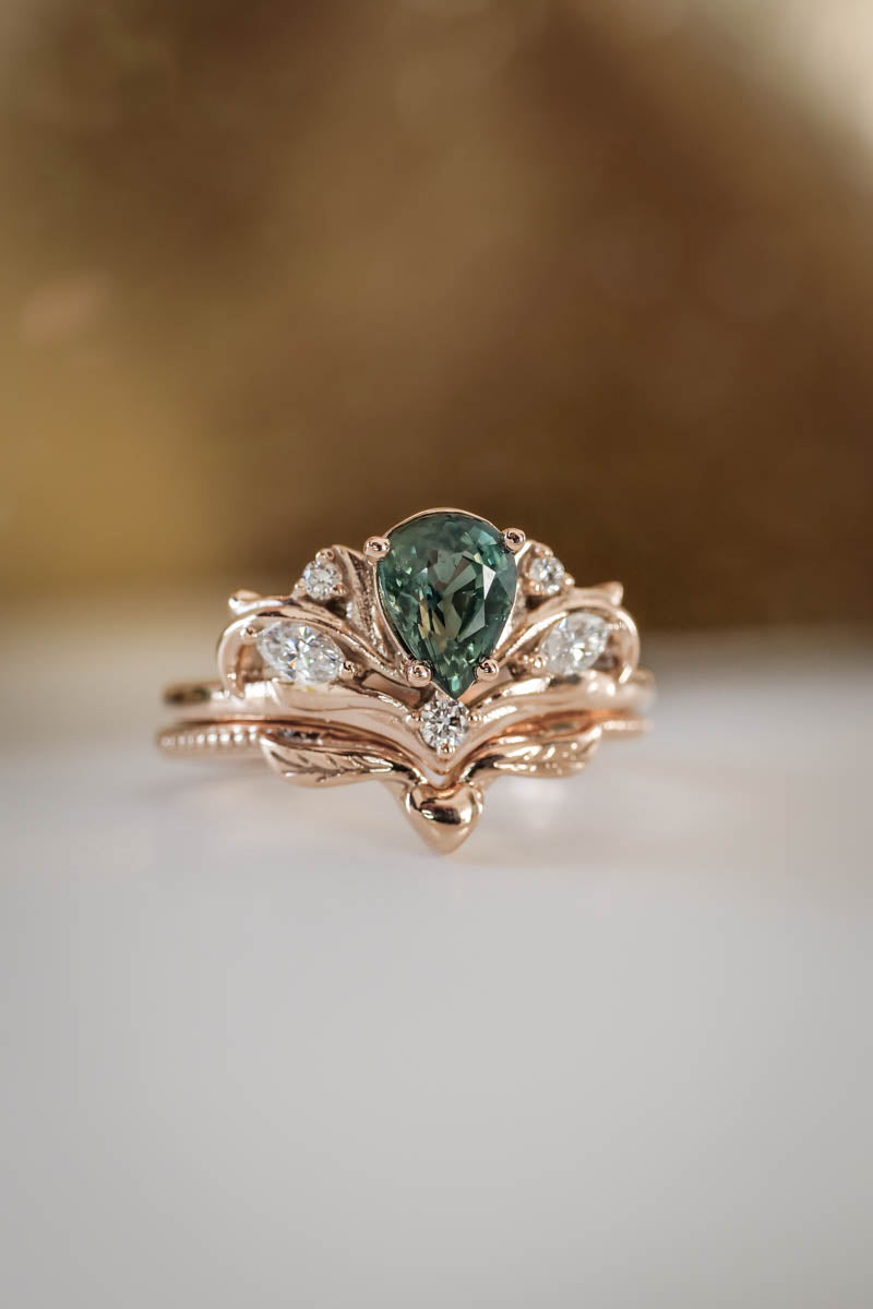 Bridal ring set with pear cut green sapphire / Swanlake - Eden Garden Jewelry™