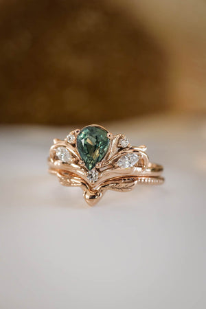 Bridal ring set with pear cut green sapphire / Swanlake - Eden Garden Jewelry™