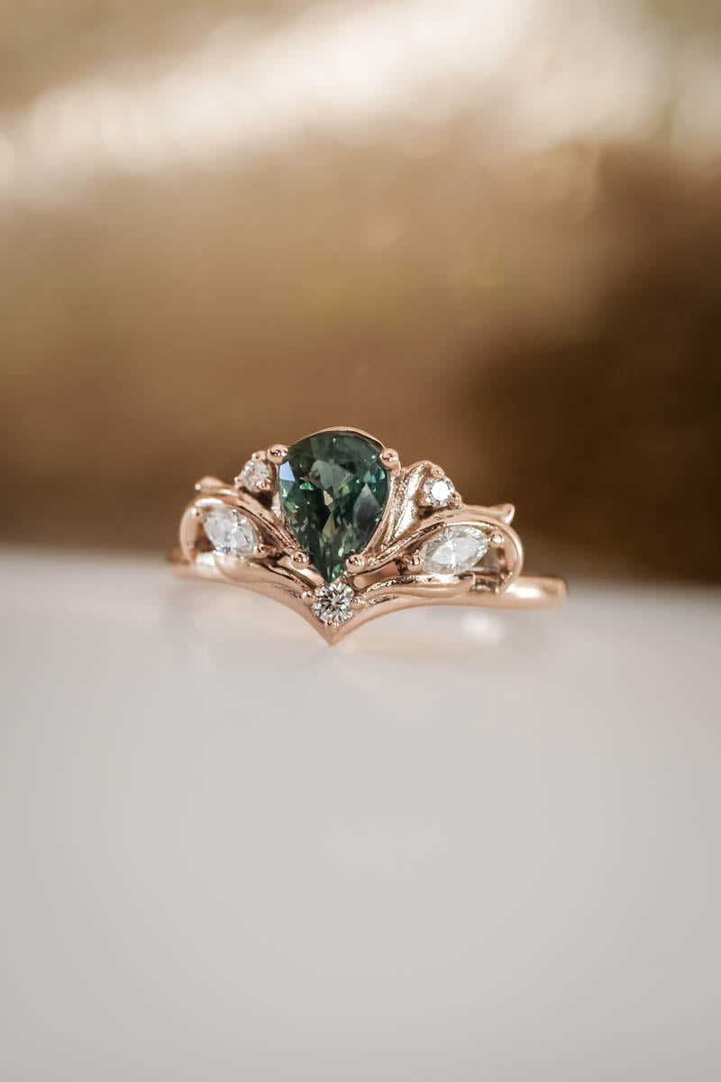 Bridal ring set with pear cut green sapphire / Swanlake - Eden Garden Jewelry™