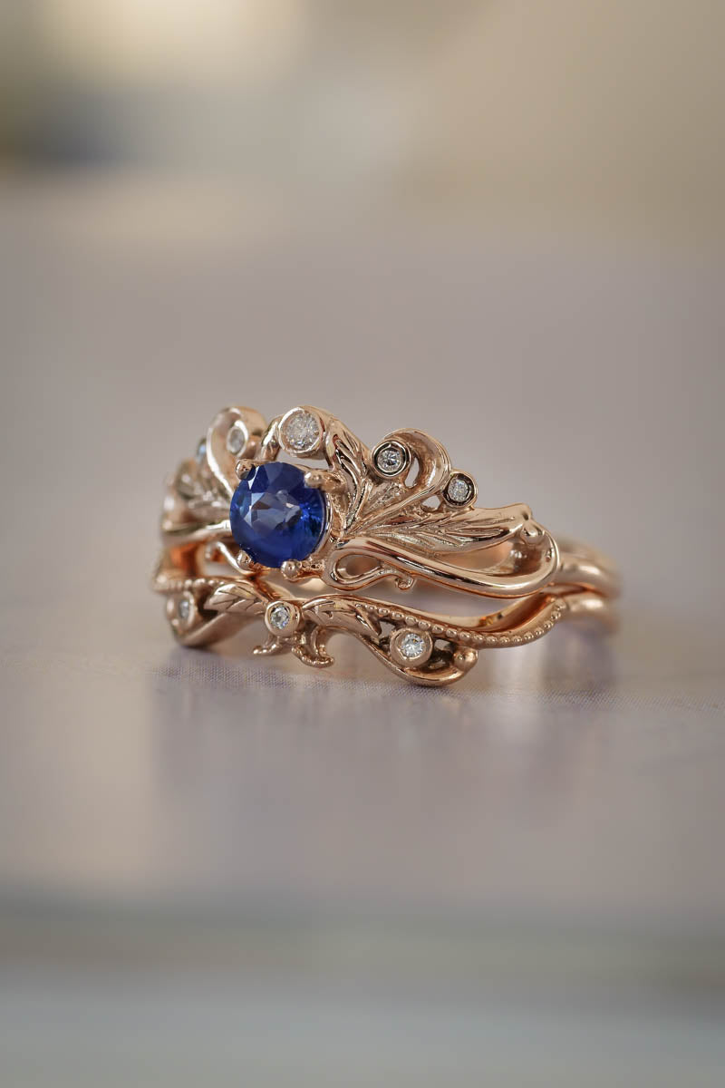 Vintage style bridal ring set with blue sapphire / Damariss - Eden Garden Jewelry™