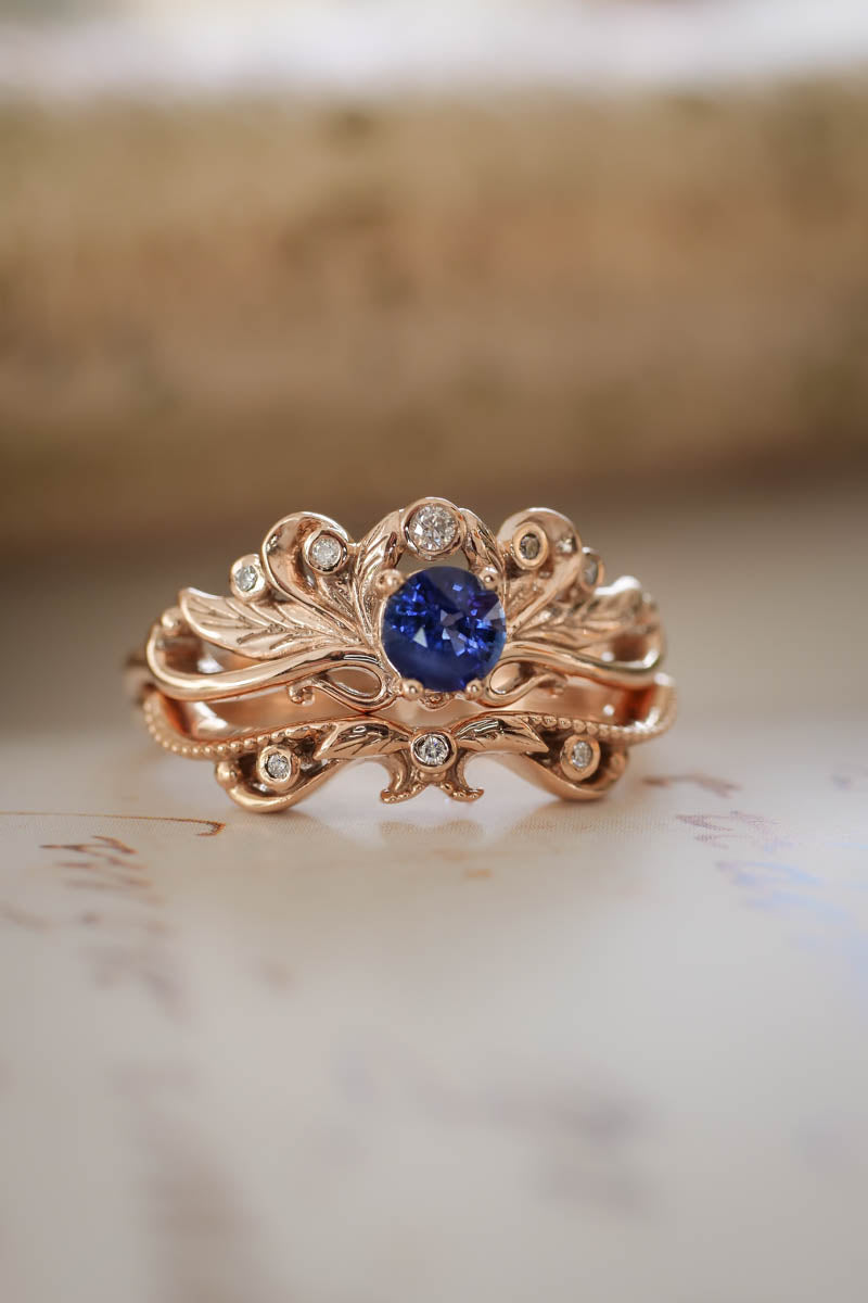 Vintage style bridal ring set with blue sapphire / Damariss - Eden Garden Jewelry™