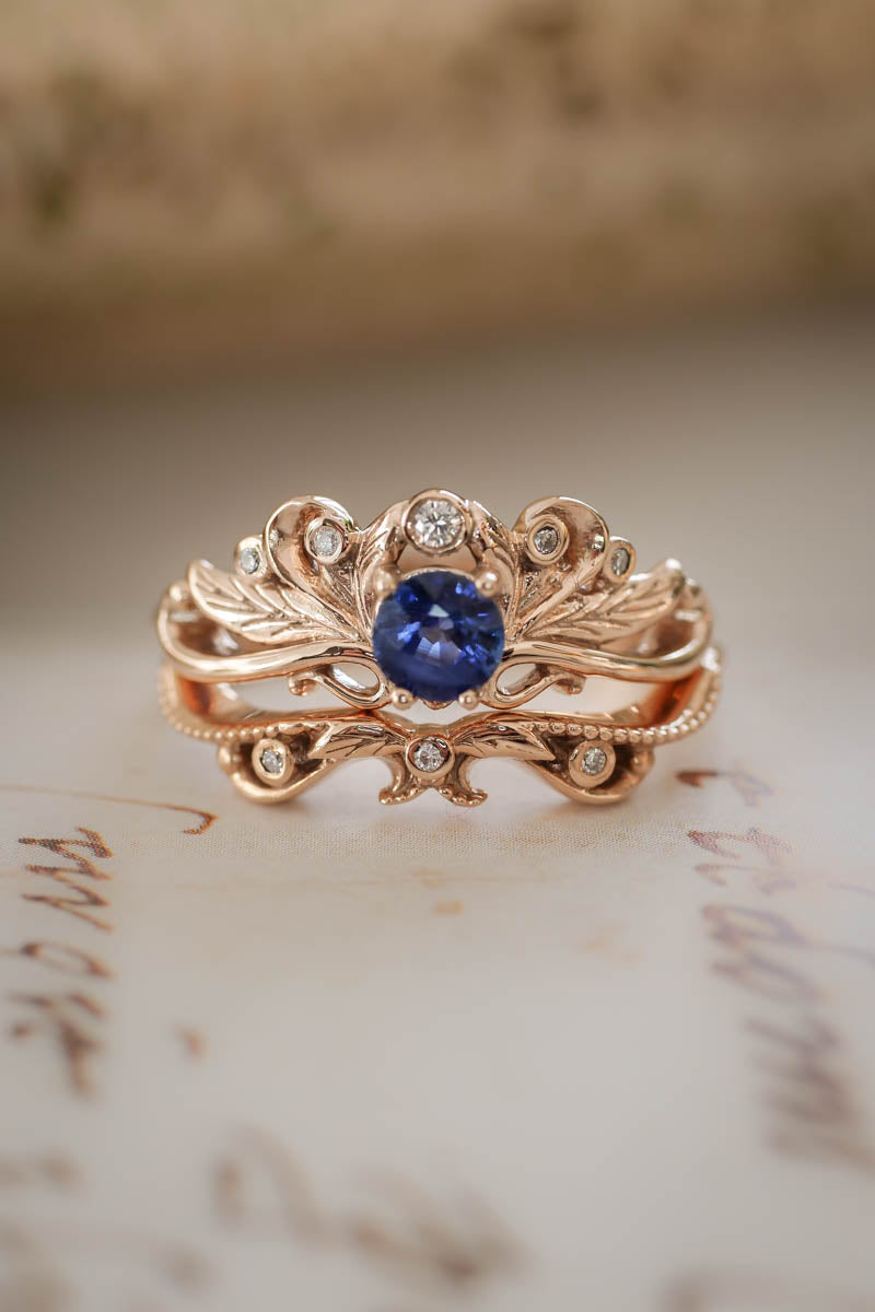 Vintage style bridal ring set with blue sapphire / Damariss - Eden Garden Jewelry™