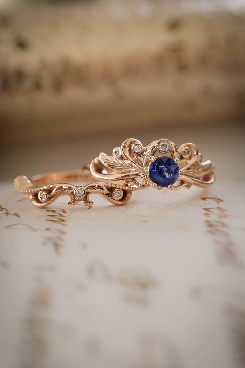 Vintage style bridal ring set with blue sapphire / Damariss - Eden Garden Jewelry™