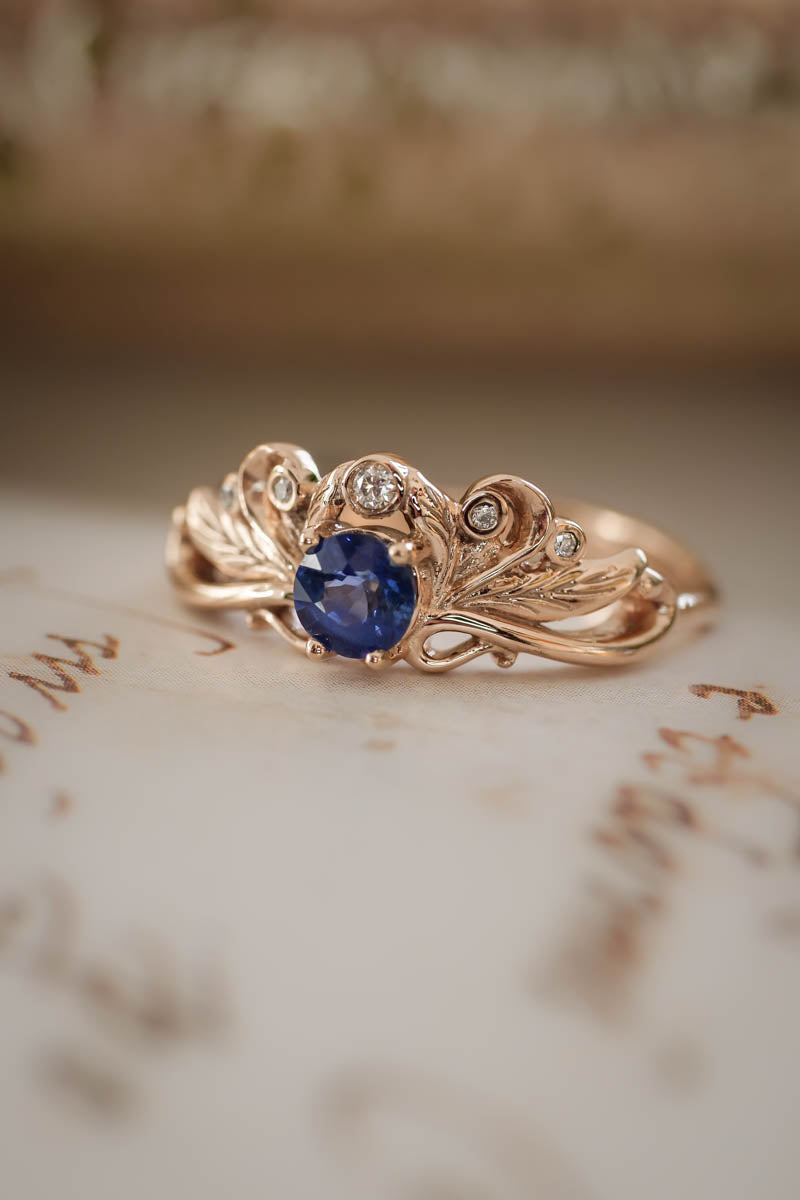 Vintage style bridal ring set with blue sapphire / Damariss - Eden Garden Jewelry™