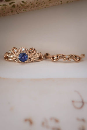 Vintage style bridal ring set with blue sapphire / Damariss - Eden Garden Jewelry™