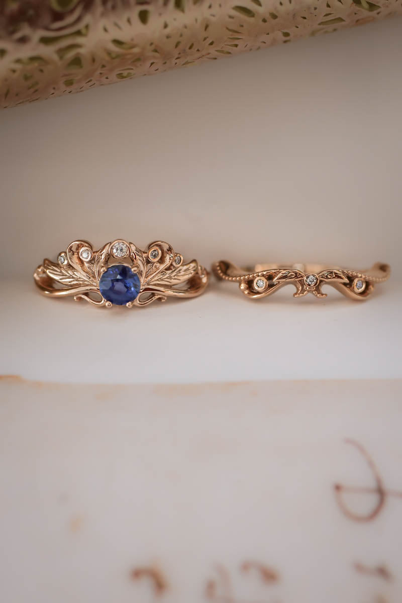 Vintage style bridal ring set with blue sapphire / Damariss - Eden Garden Jewelry™