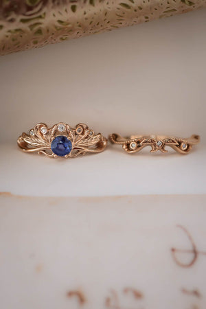 Vintage style bridal ring set with blue sapphire / Damariss - Eden Garden Jewelry™