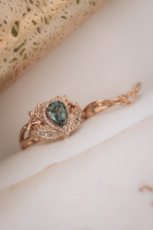 Teal sapphire bridal ring set with diamond halo / Adonis halo - Eden Garden Jewelry™