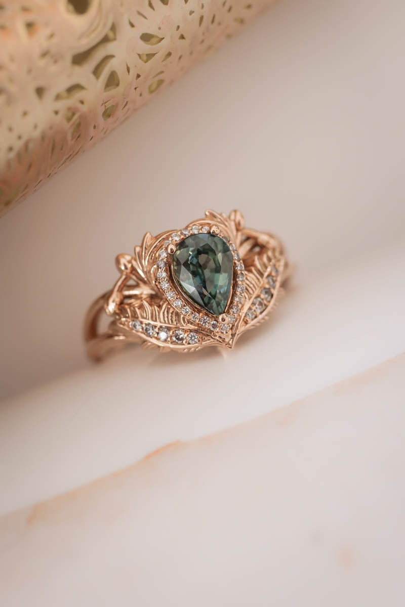 Teal sapphire engagement ring with diamond halo / Adonis halo - Eden Garden Jewelry™