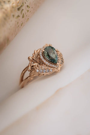 Teal sapphire bridal ring set with diamond halo / Adonis halo - Eden Garden Jewelry™