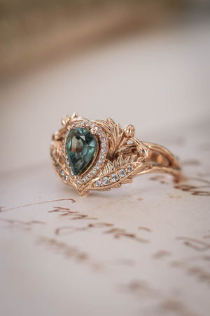 Teal sapphire bridal ring set with diamond halo / Adonis halo - Eden Garden Jewelry™