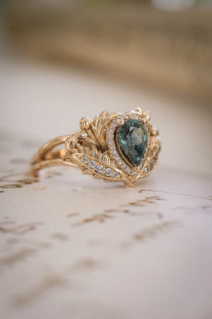 Teal sapphire engagement ring with diamond halo / Adonis halo - Eden Garden Jewelry™