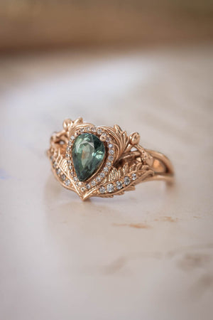 Teal sapphire engagement ring with diamond halo / Adonis halo - Eden Garden Jewelry™