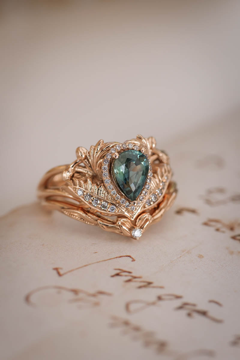 Teal sapphire bridal ring set with diamond halo / Adonis halo - Eden Garden Jewelry™