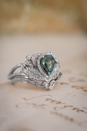 Teal sapphire bridal ring set with diamond halo / Adonis halo - Eden Garden Jewelry™