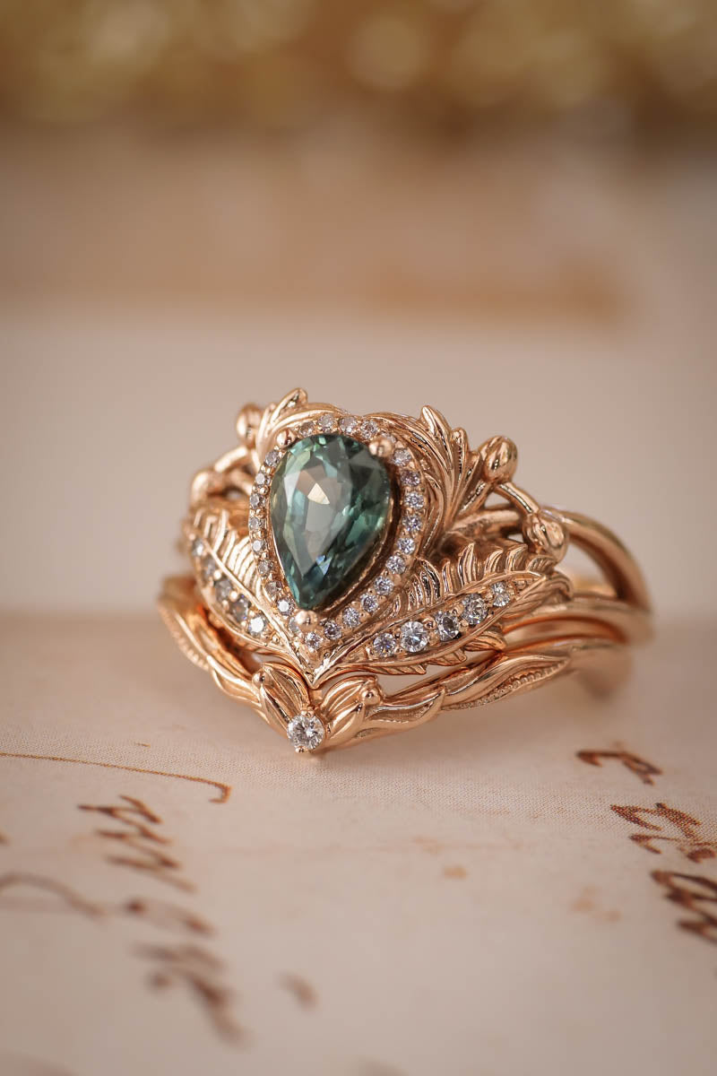 Teal sapphire bridal ring set with diamond halo / Adonis halo - Eden Garden Jewelry™