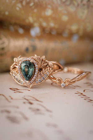 Teal sapphire bridal ring set with diamond halo / Adonis halo - Eden Garden Jewelry™