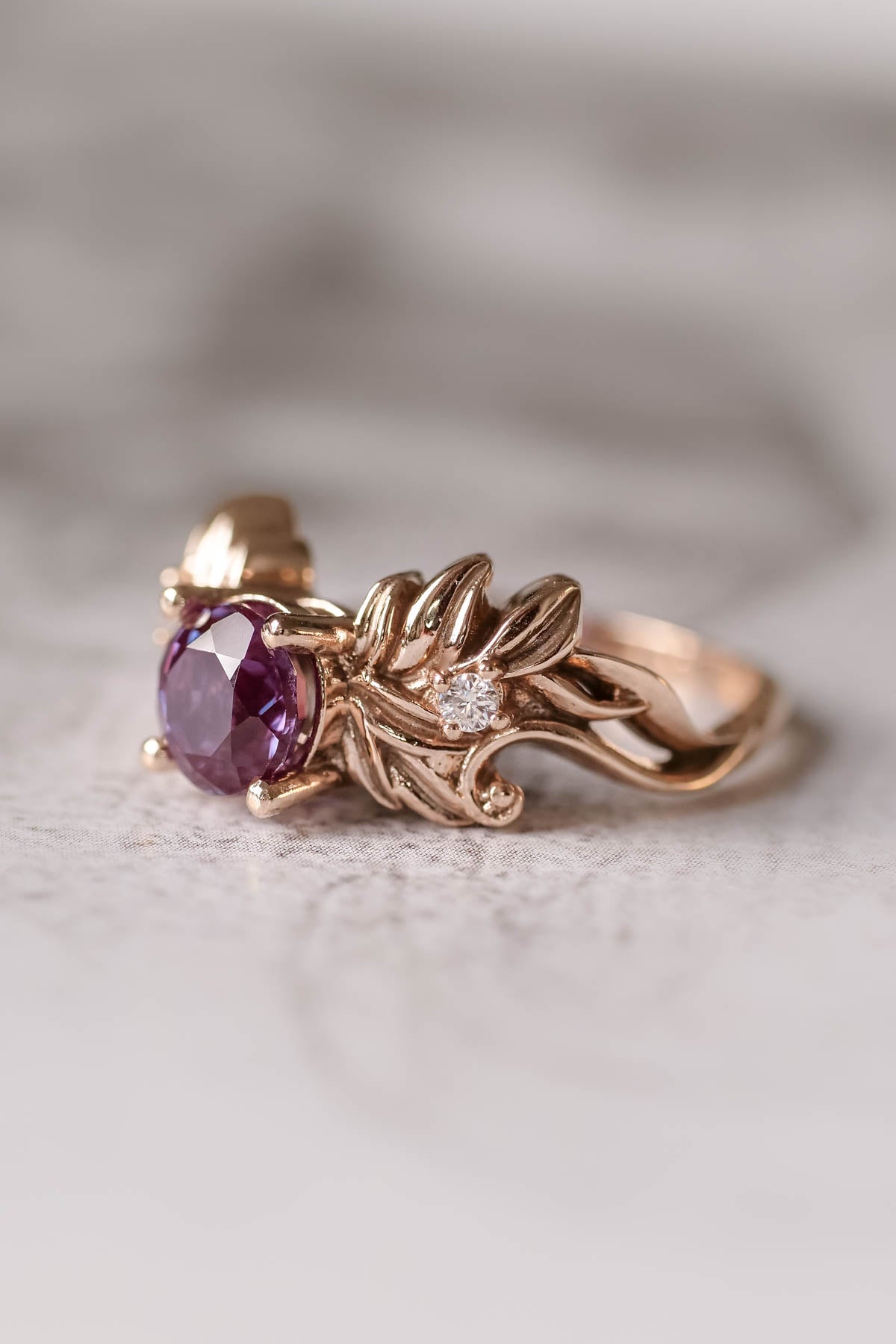 Nature themed engagement ring with alexandrite, colour changing gemstone - Eden Garden Jewelry™