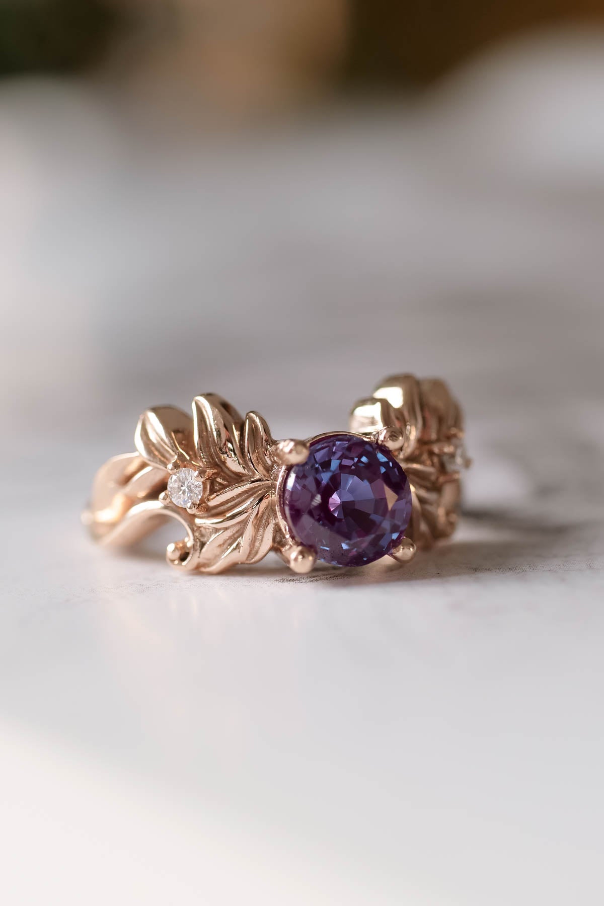 Nature themed engagement ring with alexandrite, colour changing gemstone - Eden Garden Jewelry™