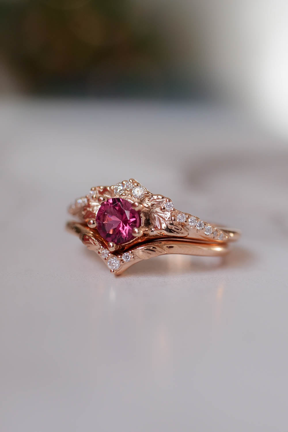 Pink tourmaline & diamonds bridal ring set / Amelia - Eden Garden Jewelry™