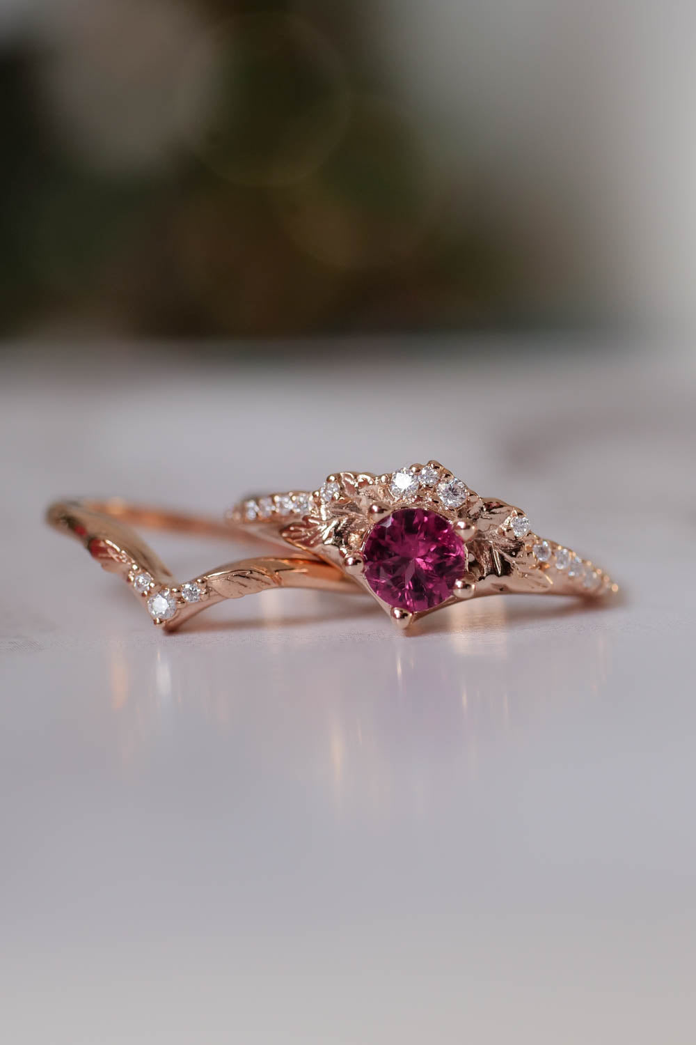 Pink tourmaline & diamonds bridal ring set / Amelia - Eden Garden Jewelry™