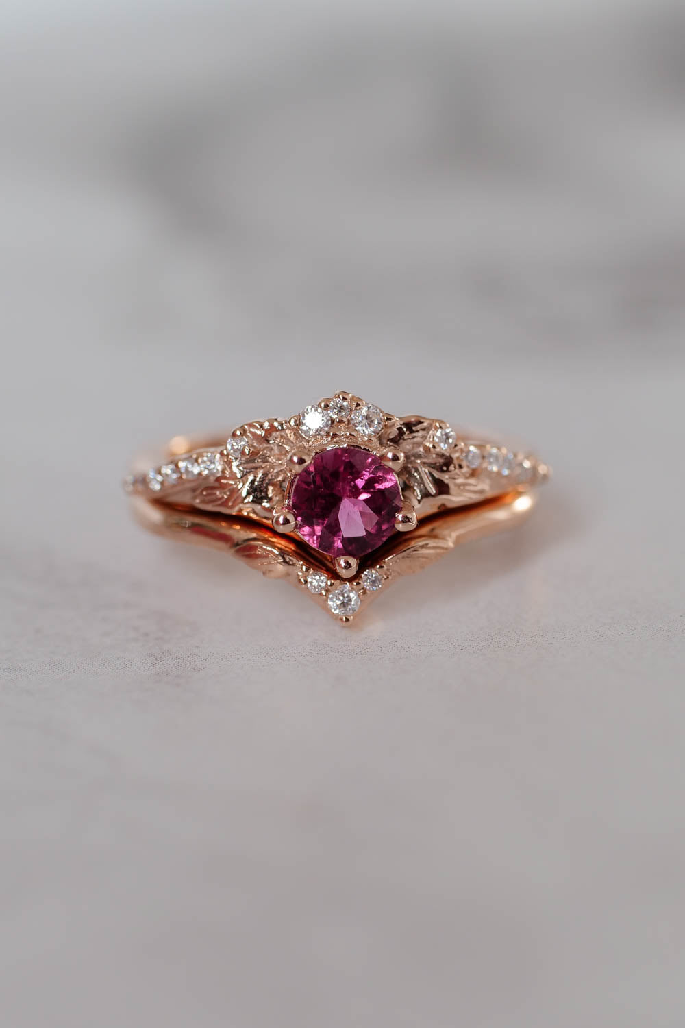 Pink tourmaline & diamonds bridal ring set / Amelia - Eden Garden Jewelry™