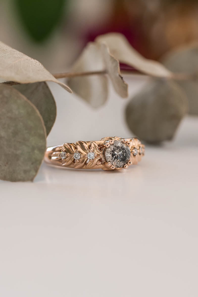 Nature inspired engagement ring with salt & pepper diamond / Silvestra - Eden Garden Jewelry™