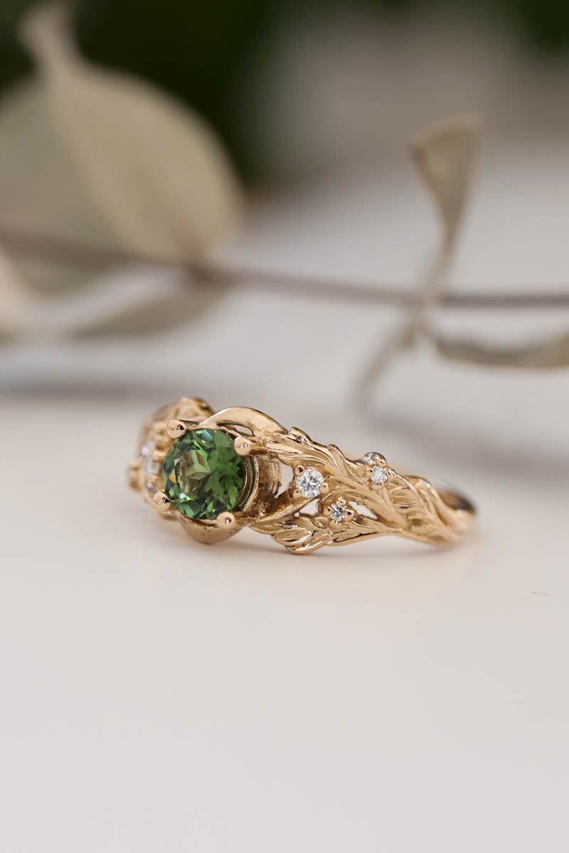 Green tourmaline and diamonds ring / Japanese Maple - Eden Garden Jewelry™