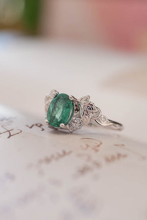 Oval cut emerald and diamonds engagement ring / Vineyard - Eden Garden Jewelry™