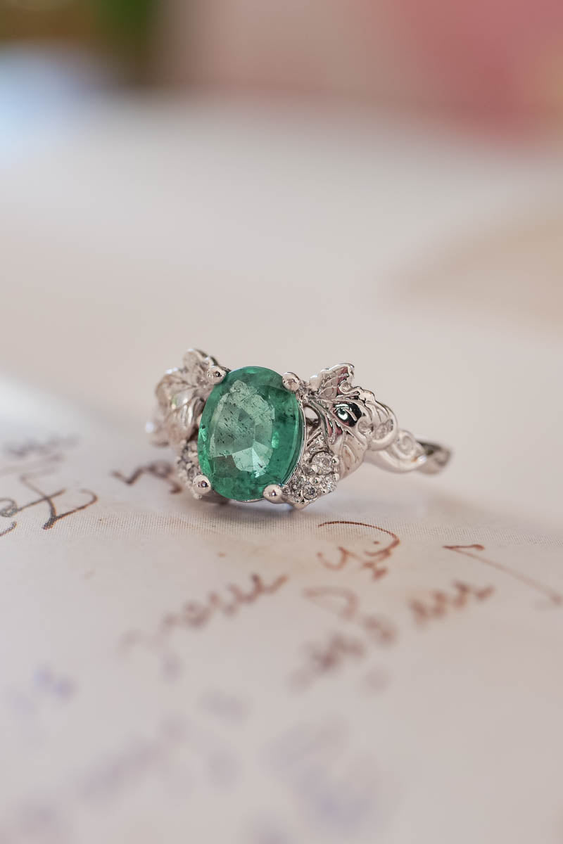 Oval cut emerald and diamonds engagement ring / Vineyard - Eden Garden Jewelry™